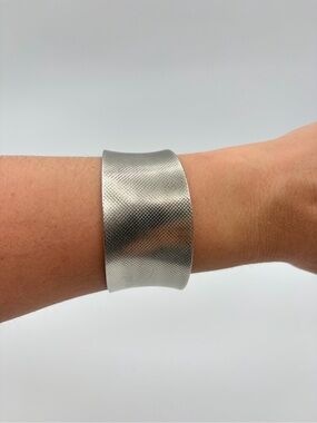 Wide Textured Silver Tone Cuff Bracelet Statement Bangle